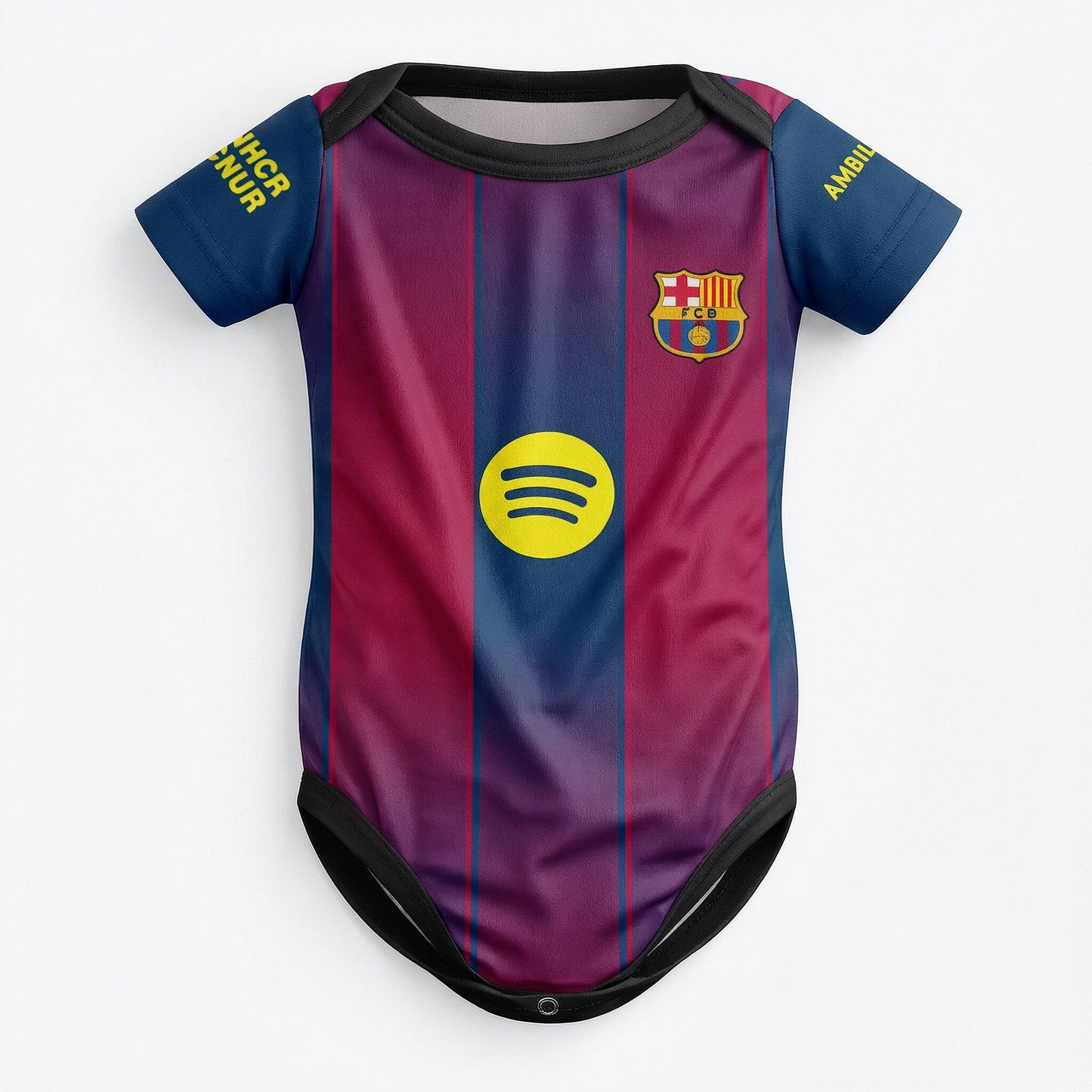 Barcelona 25/26 baby bodysuit front view with FC Barcelona crest and Spotify logo