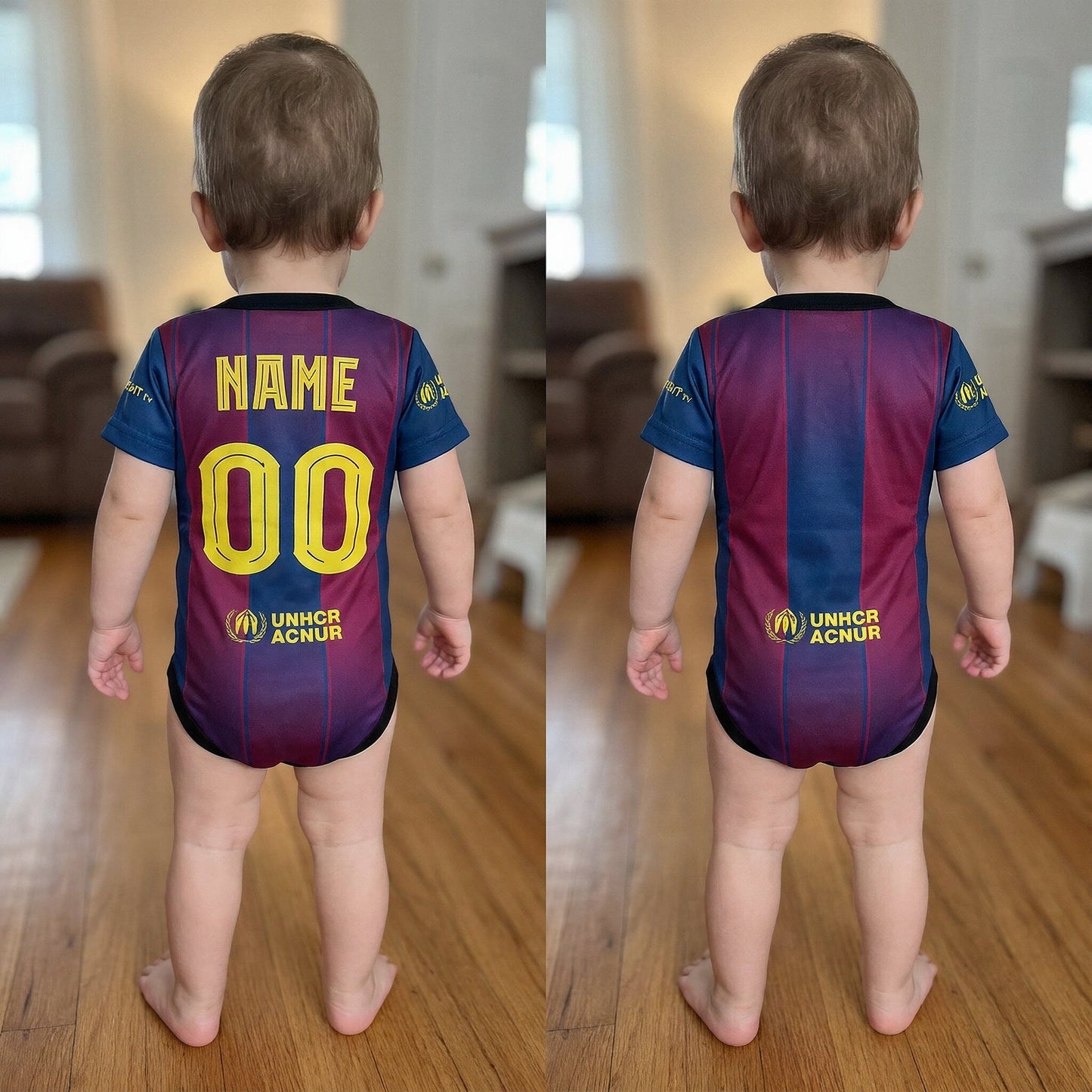baby wearing Barcelona 25/26 bodysuit back view - with and without custom name and number