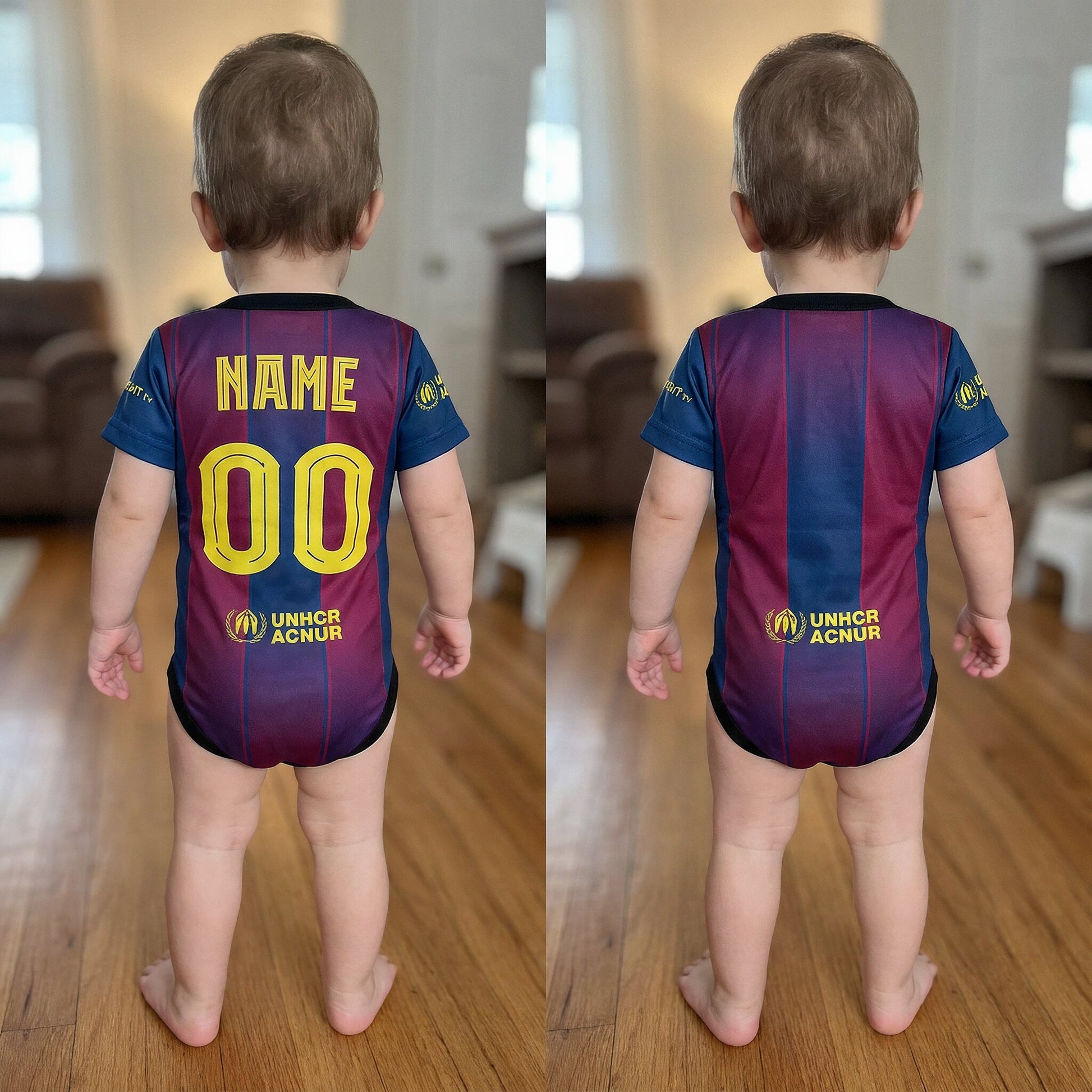 baby wearing Barcelona 25/26 bodysuit back view - with and without custom name and number