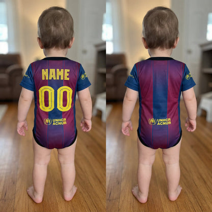 baby wearing Barcelona 25/26 bodysuit back view - with and without custom name and number