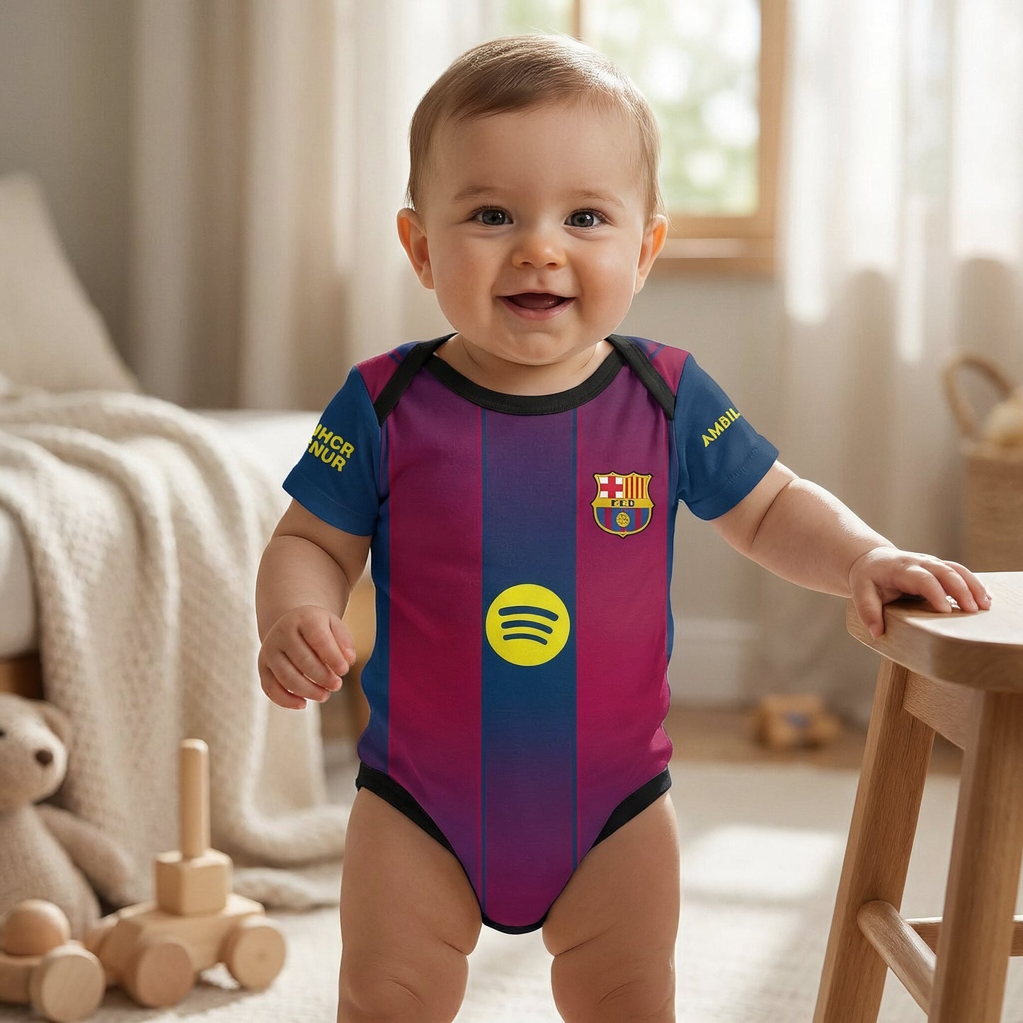 smiling baby wearing Barcelona 25/26 FC Barcelona bodysuit standing in cozy nursery