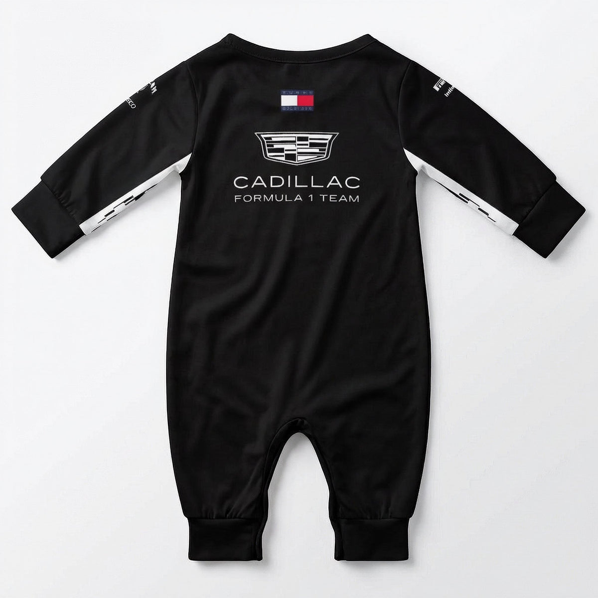 Cadillac 2026 F1 baby onesie jumpsuit back view with Cadillac crest and Formula 1 team logo
