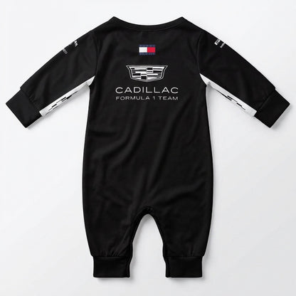 Cadillac 2026 F1 baby onesie jumpsuit back view with Cadillac crest and Formula 1 team logo