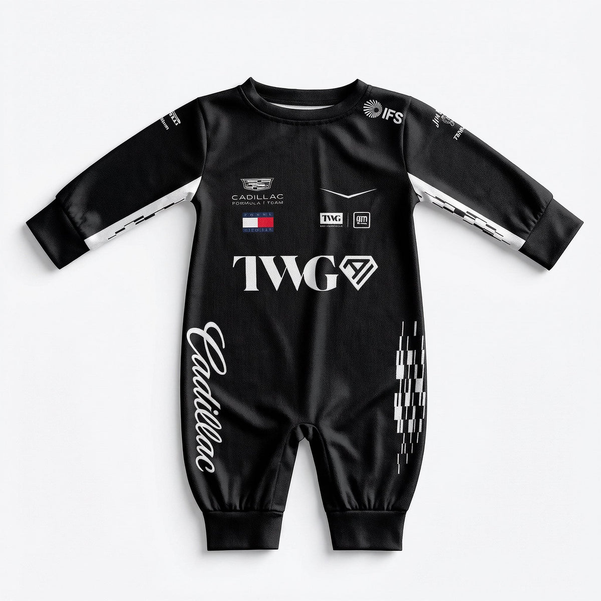 Cadillac 2026 F1 baby onesie jumpsuit front view with TWG logo and team sponsor race suit print