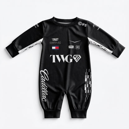 Cadillac 2026 F1 baby onesie jumpsuit front view with TWG logo and team sponsor race suit print