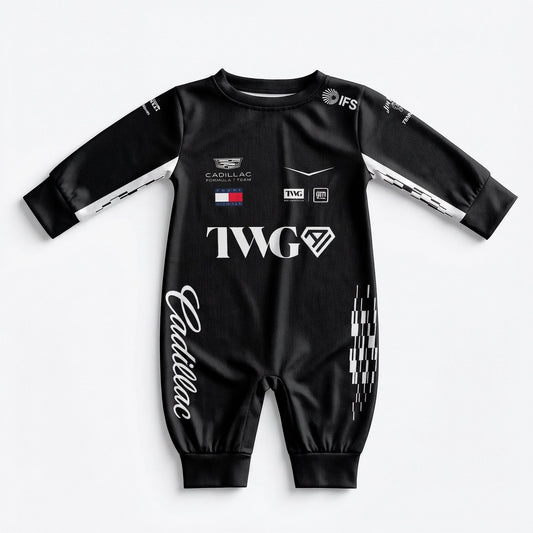 Cadillac 2026 F1 baby onesie jumpsuit front view with TWG logo and team sponsor race suit print
