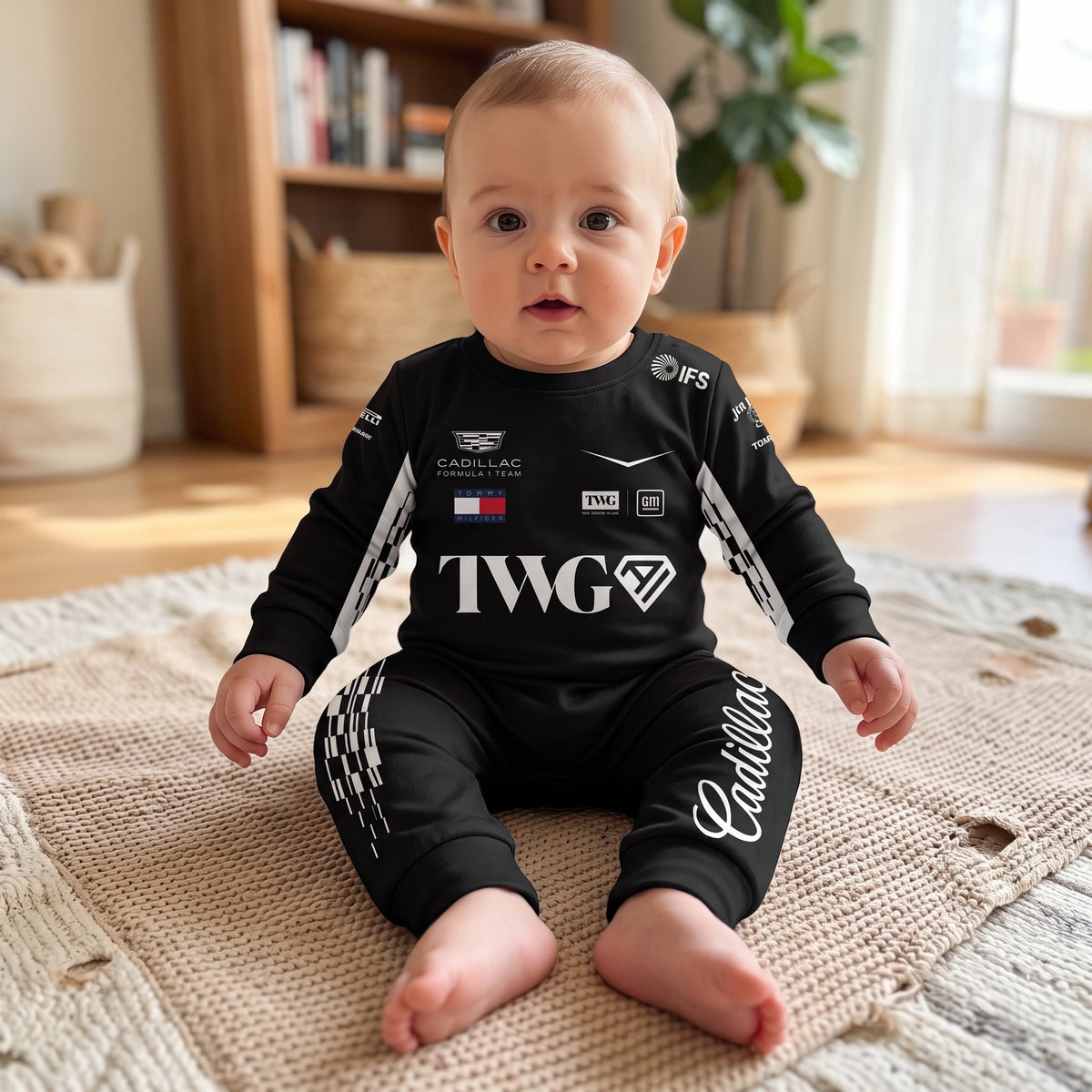 Baby sitting on rug wearing Cadillac 2026 F1 team onesie jumpsuit with TWG logo and checkered detail