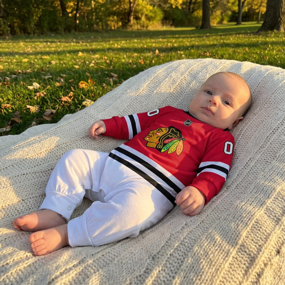 Baby wearing a Chicago Blackhawks long sleeve jumpsuit outdoors