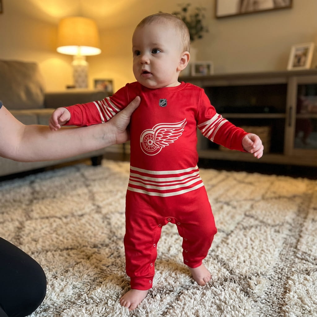Baby taking first steps wearing the Detroit Red Wings Hockey Baby onesie jumpsuit 