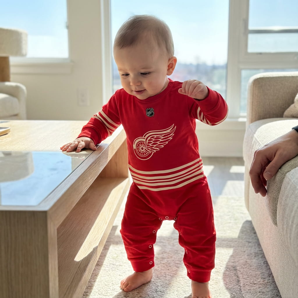 Baby wearing a Detroit Red Wings Hockey Baby onesie jumpsuit