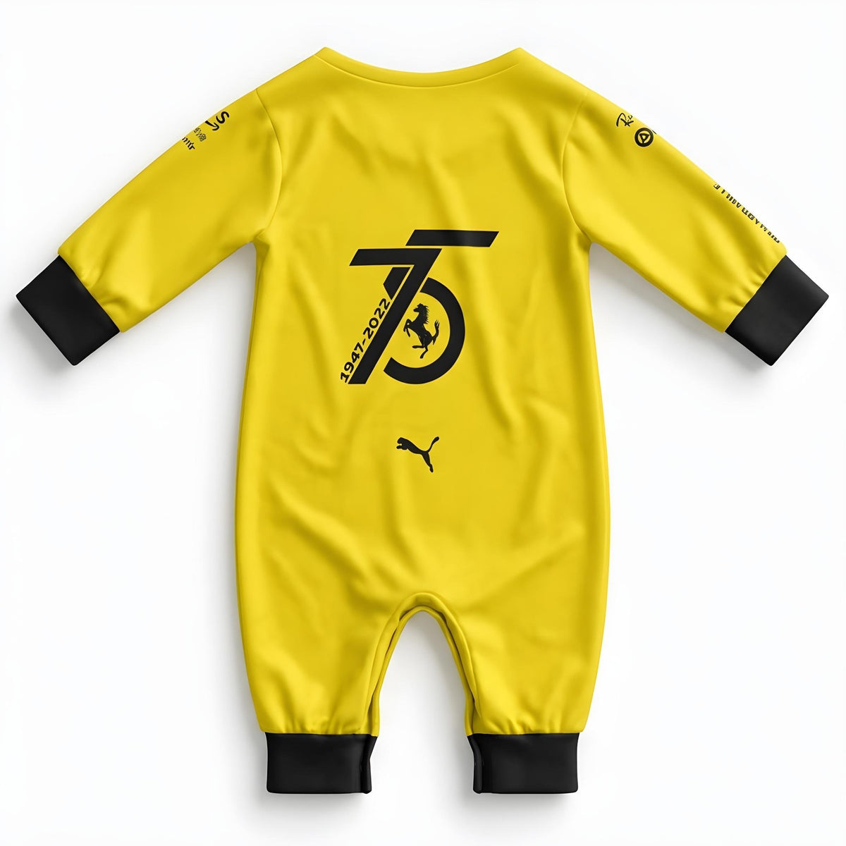 Ferrari 75 Years baby onesie back view flat lay with large 75 anniversary 1947-2022 logo