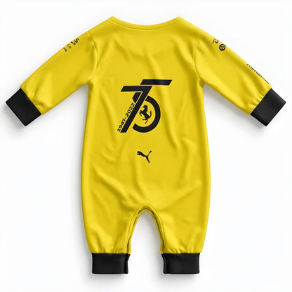 Ferrari 75 Years baby onesie back view flat lay with large 75 anniversary 1947-2022 logo