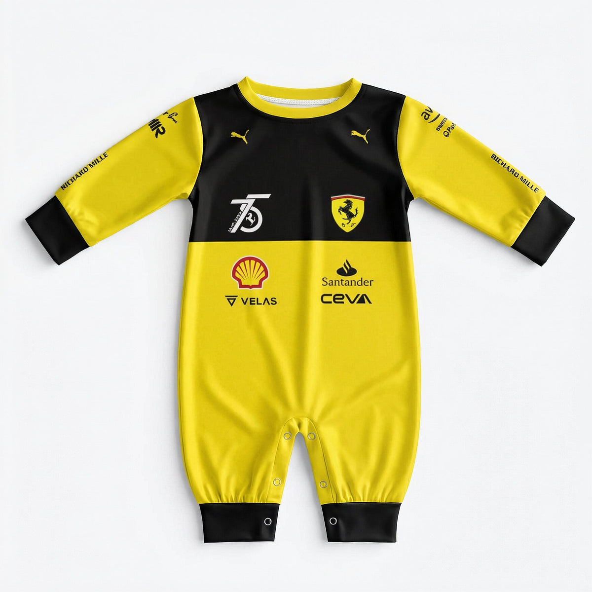 Ferrari 75 Years baby onesie front view flat lay in yellow and black with team and sponsor logos