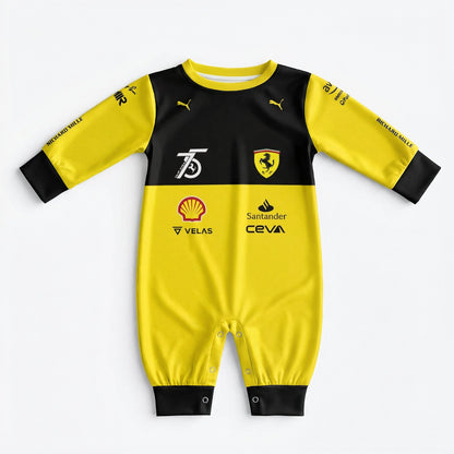 Ferrari 75 Years baby onesie front view flat lay in yellow and black with team and sponsor logos