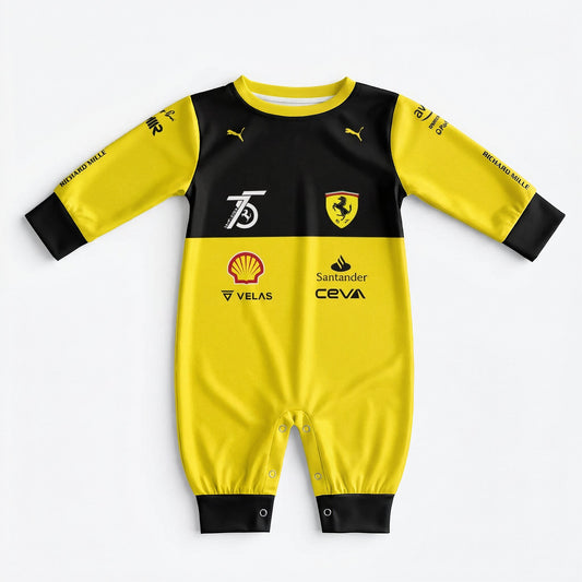 Ferrari 75 Years baby onesie front view flat lay in yellow and black with team and sponsor logos