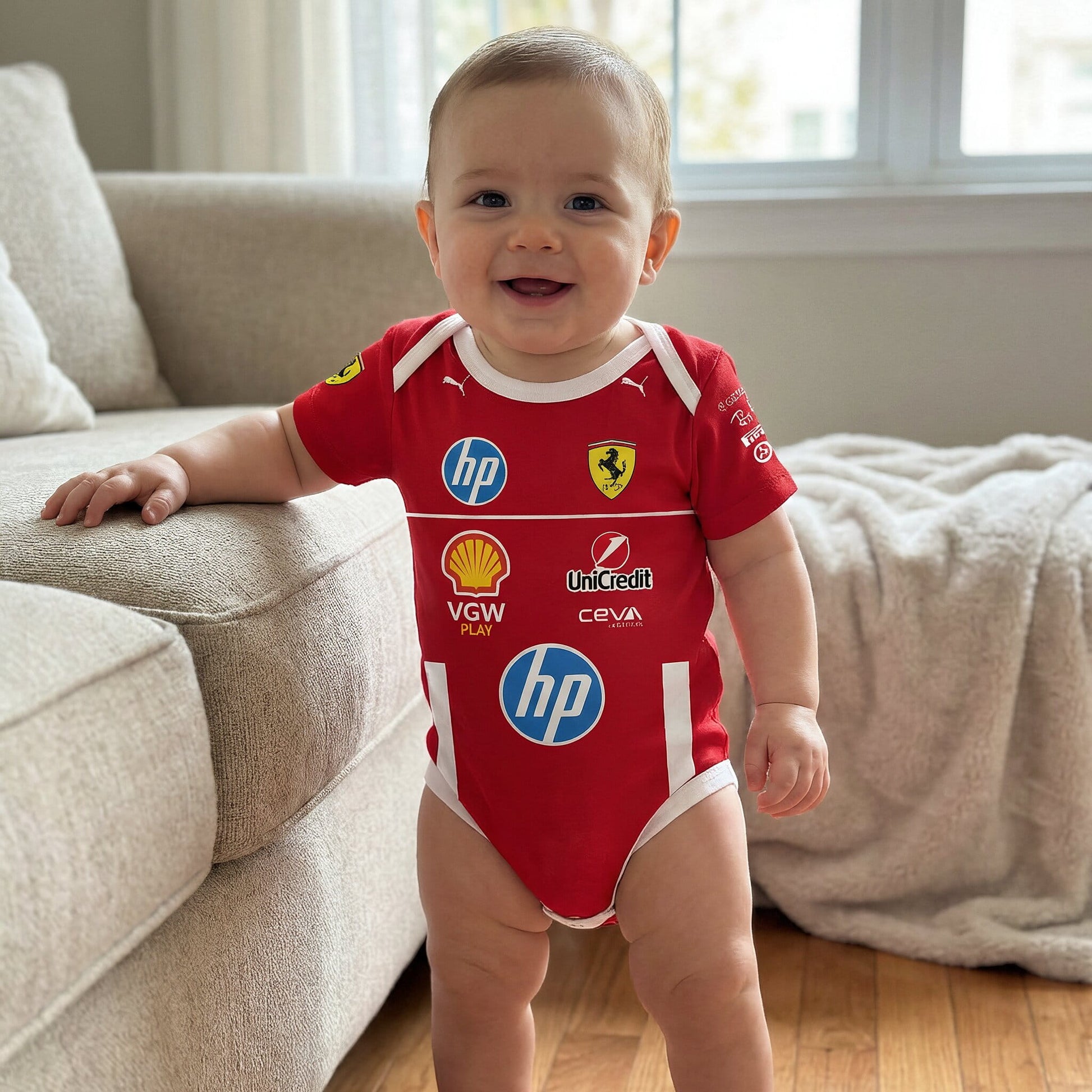 baby wearing a short sleeved ferrari bodysuit onesie in a living room setting