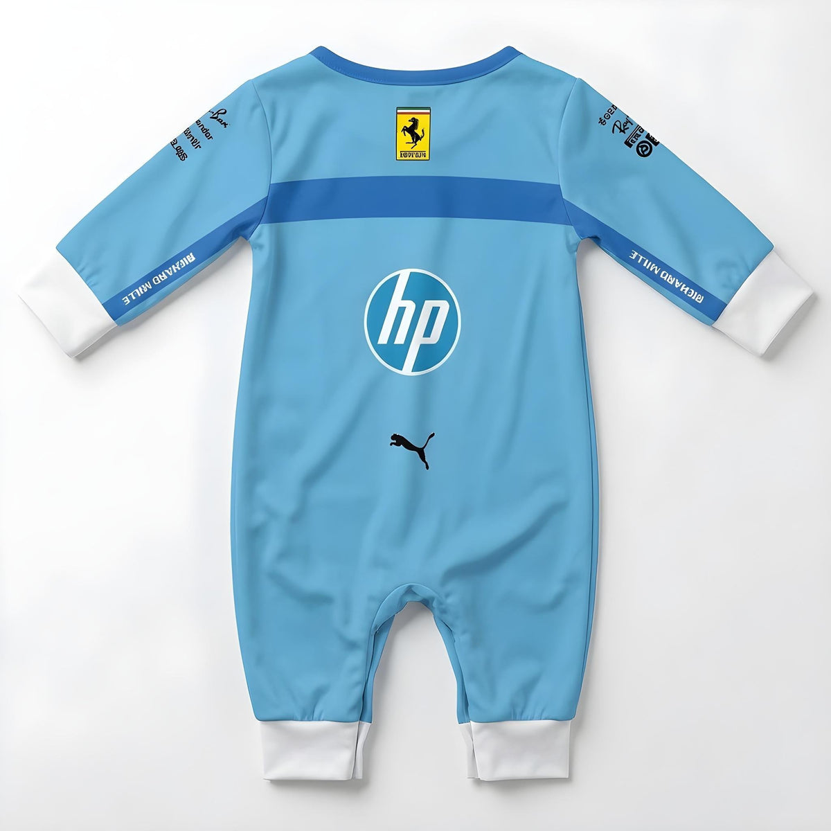 Ferrari blue special edition baby onesie jumpsuit back view flat lay with HP logo and Ferrari shield