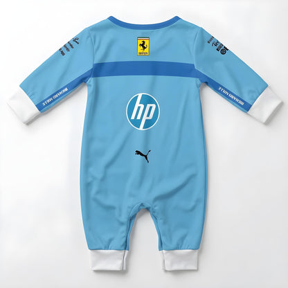 Ferrari blue special edition baby onesie jumpsuit back view flat lay with HP logo and Ferrari shield
