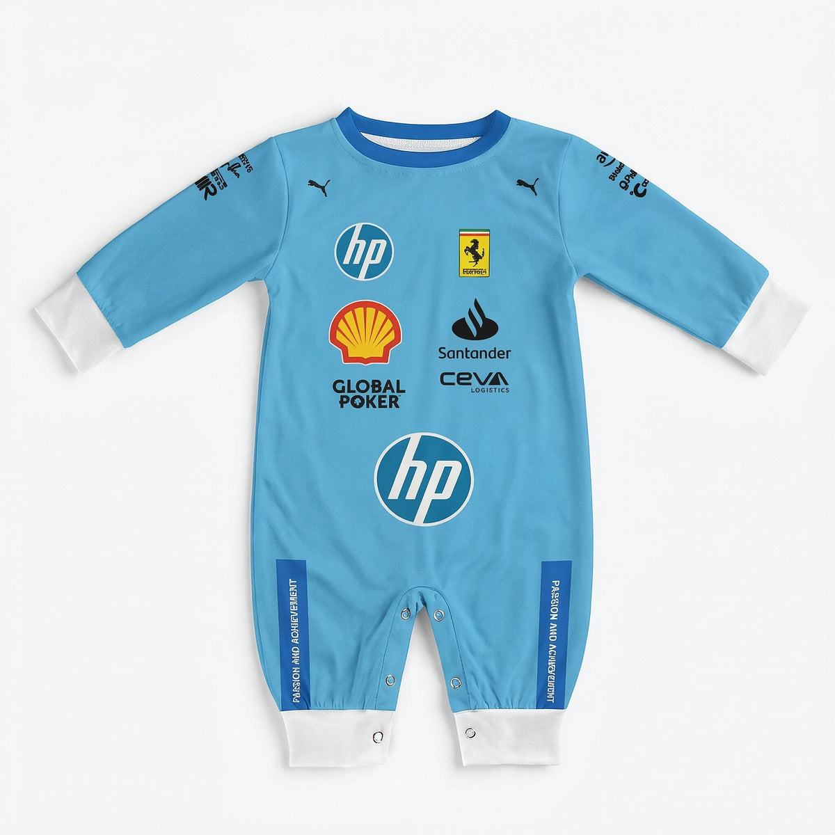 Ferrari blue special edition baby onesie jumpsuit front flat lay with HP, Shell and Ferrari F1 team logos