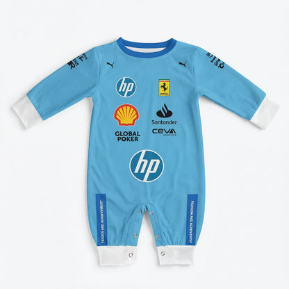 Ferrari blue special edition baby onesie jumpsuit front flat lay with HP, Shell and Ferrari F1 team logos