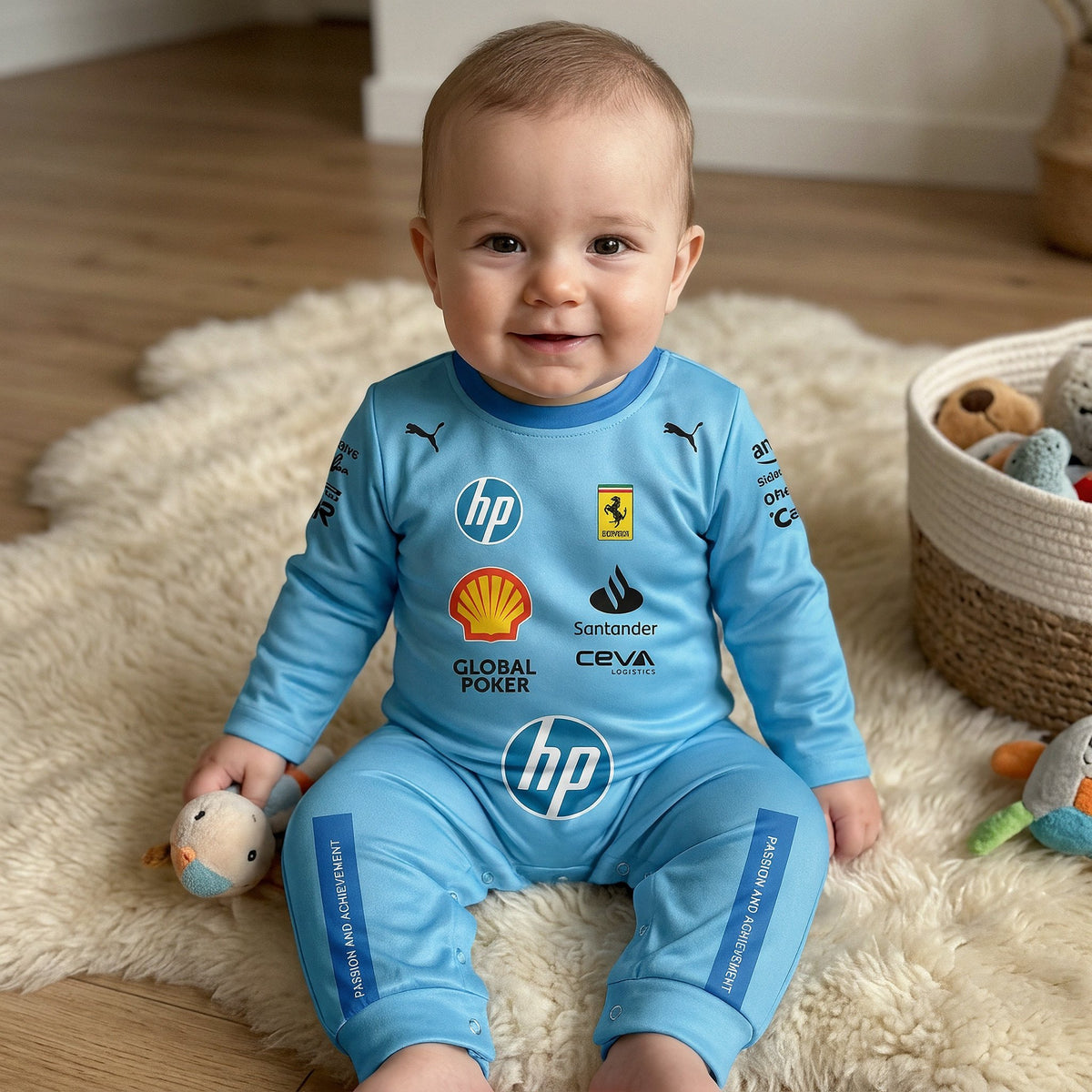 Baby sitting on rug in nursery wearing Ferrari blue special edition F1 onesie jumpsuit with plush toy