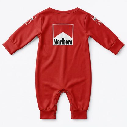 Ferrari Marlboro edition baby onesie back view red romper with large Marlboro chevron logo flat lay