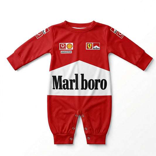 Ferrari Marlboro edition baby onesie jumpsuit front view red racing romper with sponsor logos flat lay