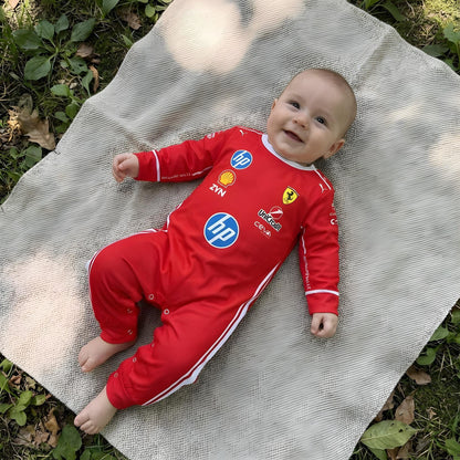 infant wearing a 2026 ferrari f1 baby onesie outdoors