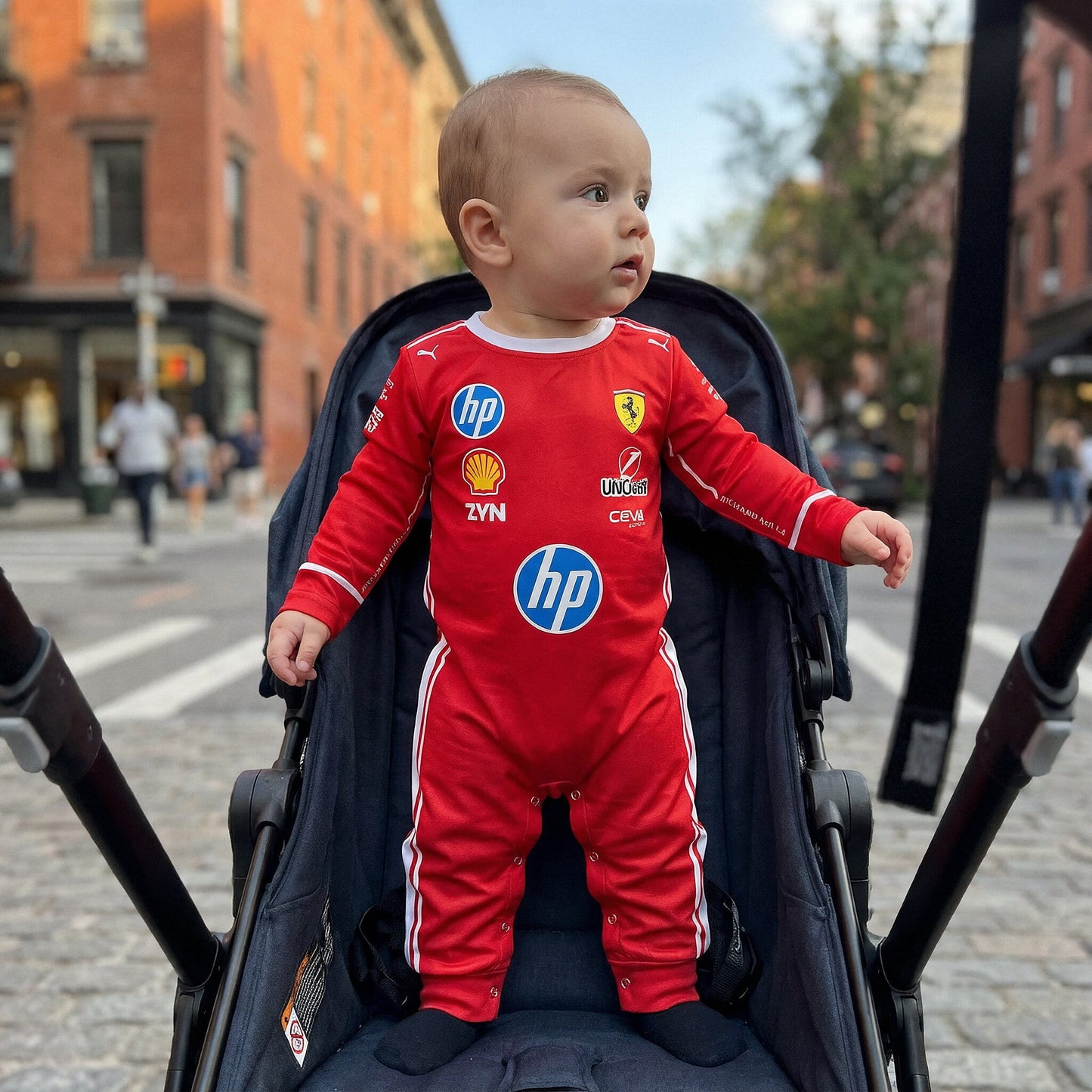 toddler wearing ferrari f1 jumpsuit in stroller