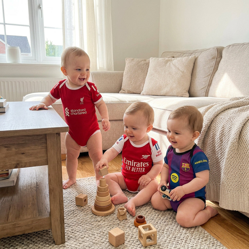 toddlers dressed in arsenal, liverpool and barcelona football themed baby onesies on the floor plaing with toys