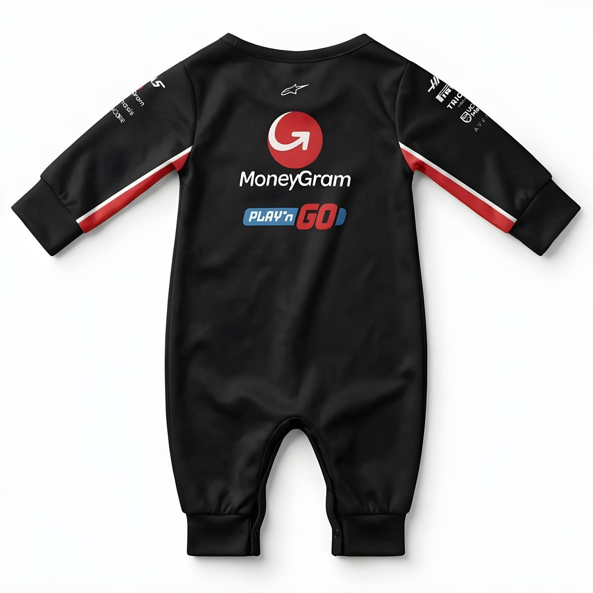 Haas 2025 baby jumpsuit onesie back view with MoneyGram and Play'n GO sponsor logos