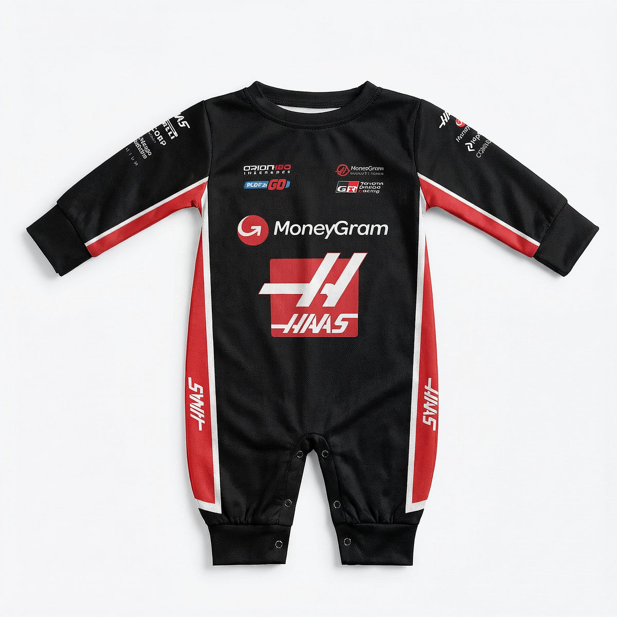 Haas 2025 baby jumpsuit onesie front view black and red with MoneyGram and Haas F1 team logos