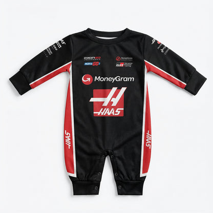 Haas 2025 baby jumpsuit onesie front view black and red with MoneyGram and Haas F1 team logos