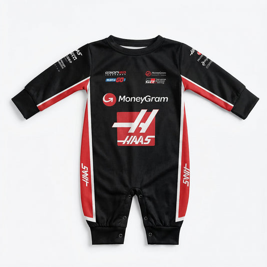 Haas 2025 baby jumpsuit onesie front view black and red with MoneyGram and Haas F1 team logos