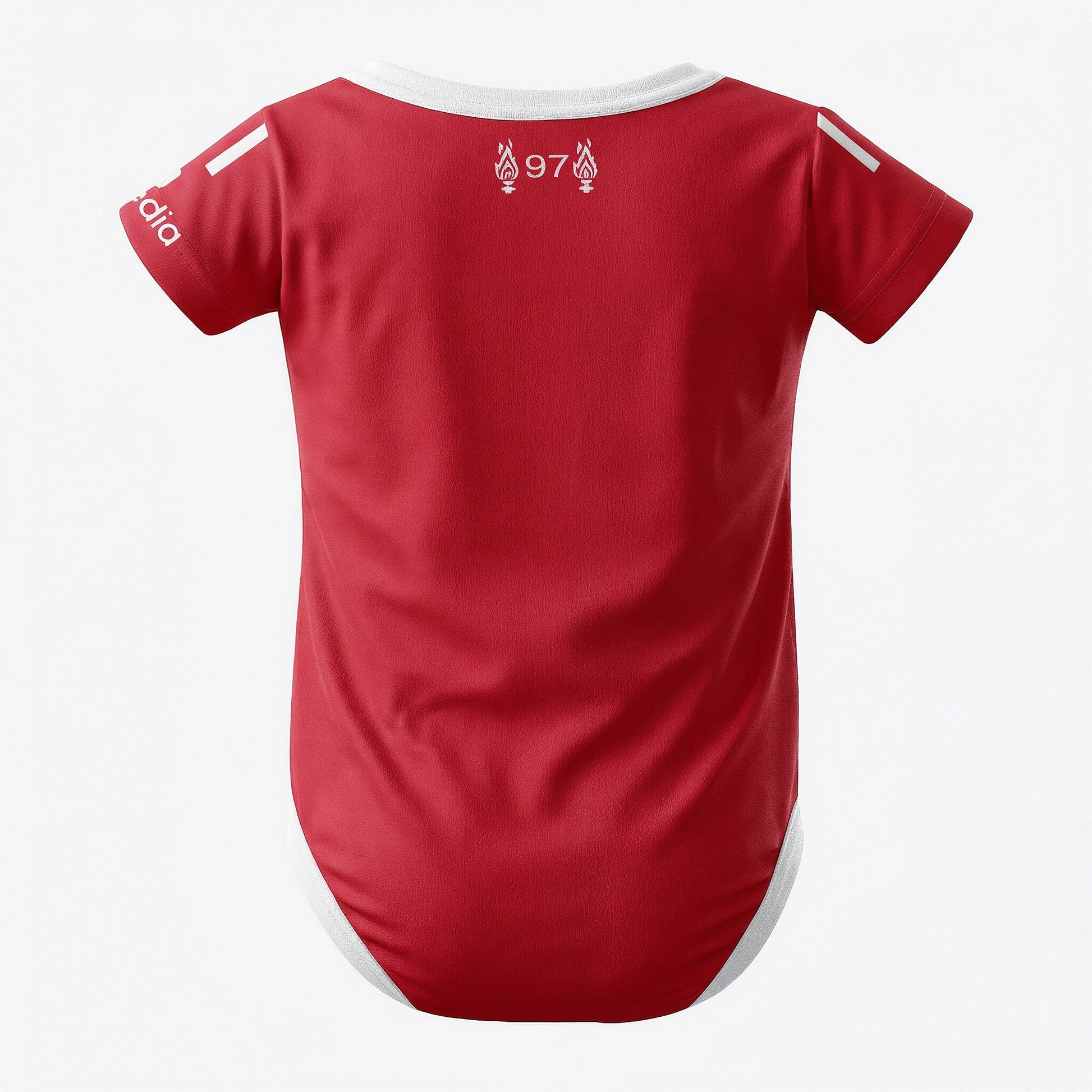 a liverpool baby onesie shot from the back on a wwhite background