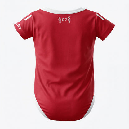 a liverpool baby onesie shot from the back on a wwhite background