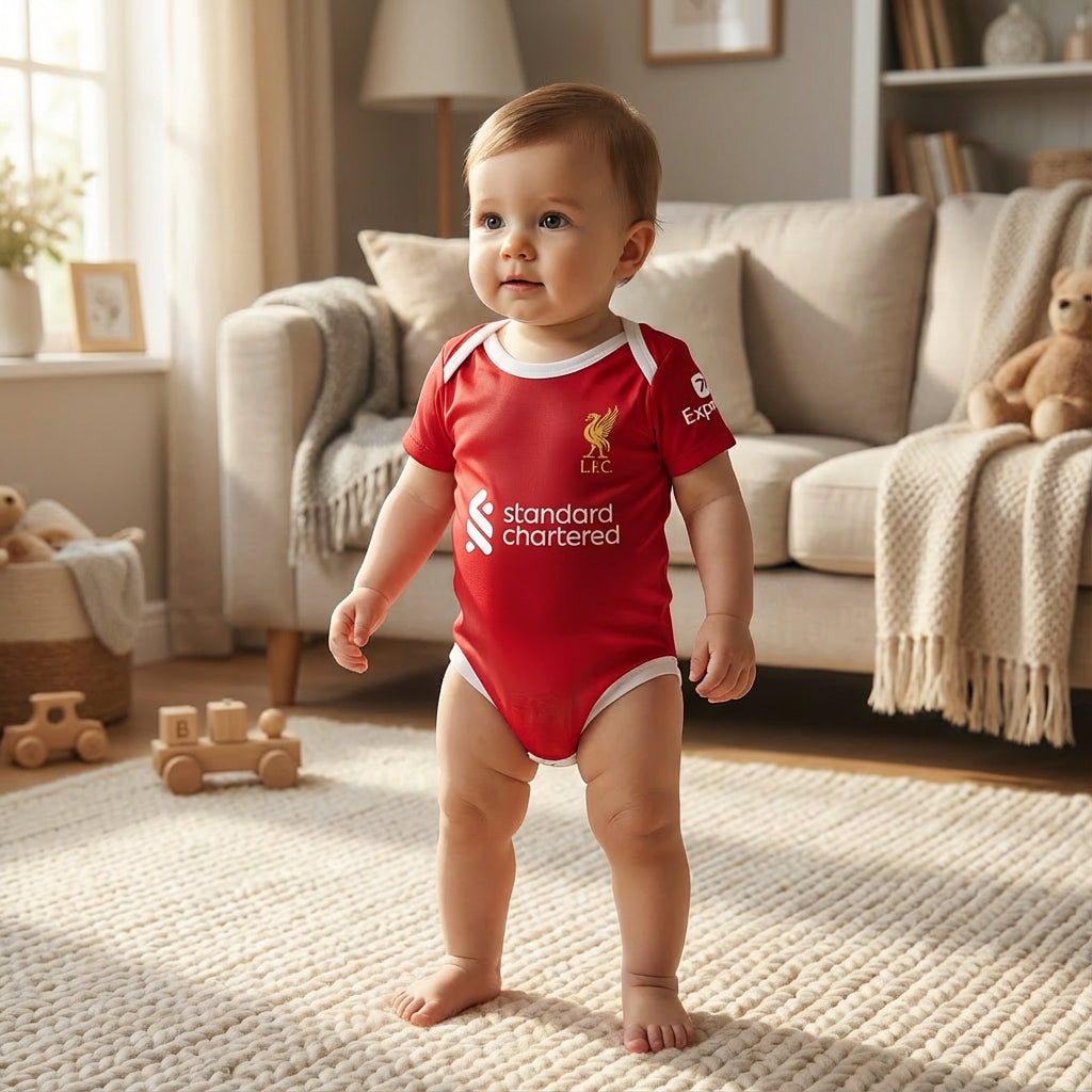 a baby wearing a liverpool onesie in a living room while standing up