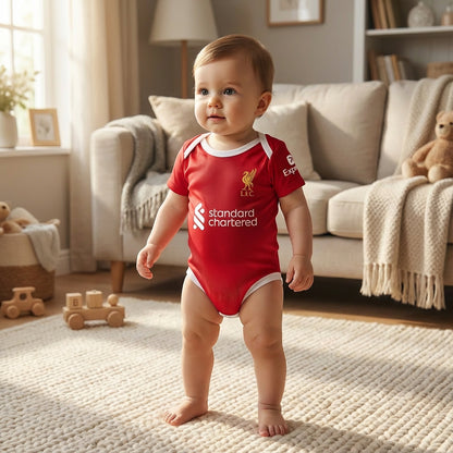 a baby wearing a liverpool onesie in a living room while standing up