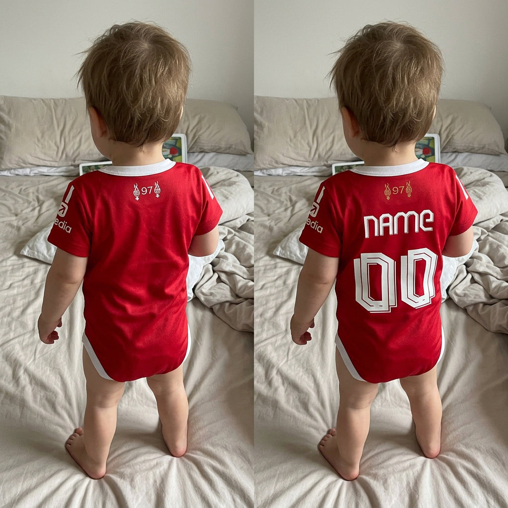 a side by side collage of a baby wearing a personalized and a non personalized liverpool onesie