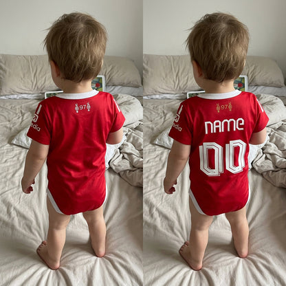 a side by side collage of a baby wearing a personalized and a non personalized liverpool onesie