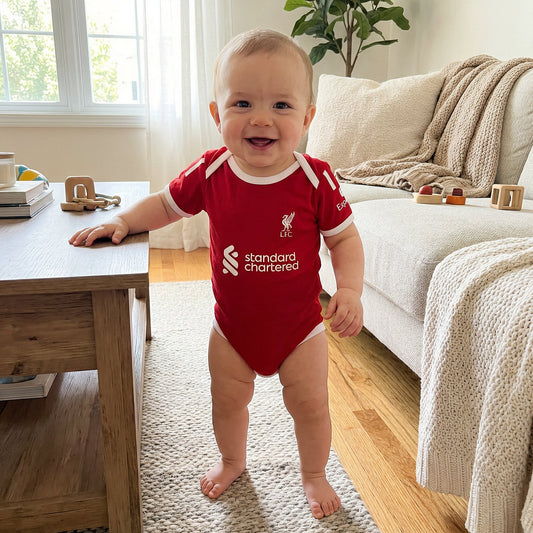 Smiling baby wearing Liverpool FC 25/26 red bodysuit standing in a sunny living room
