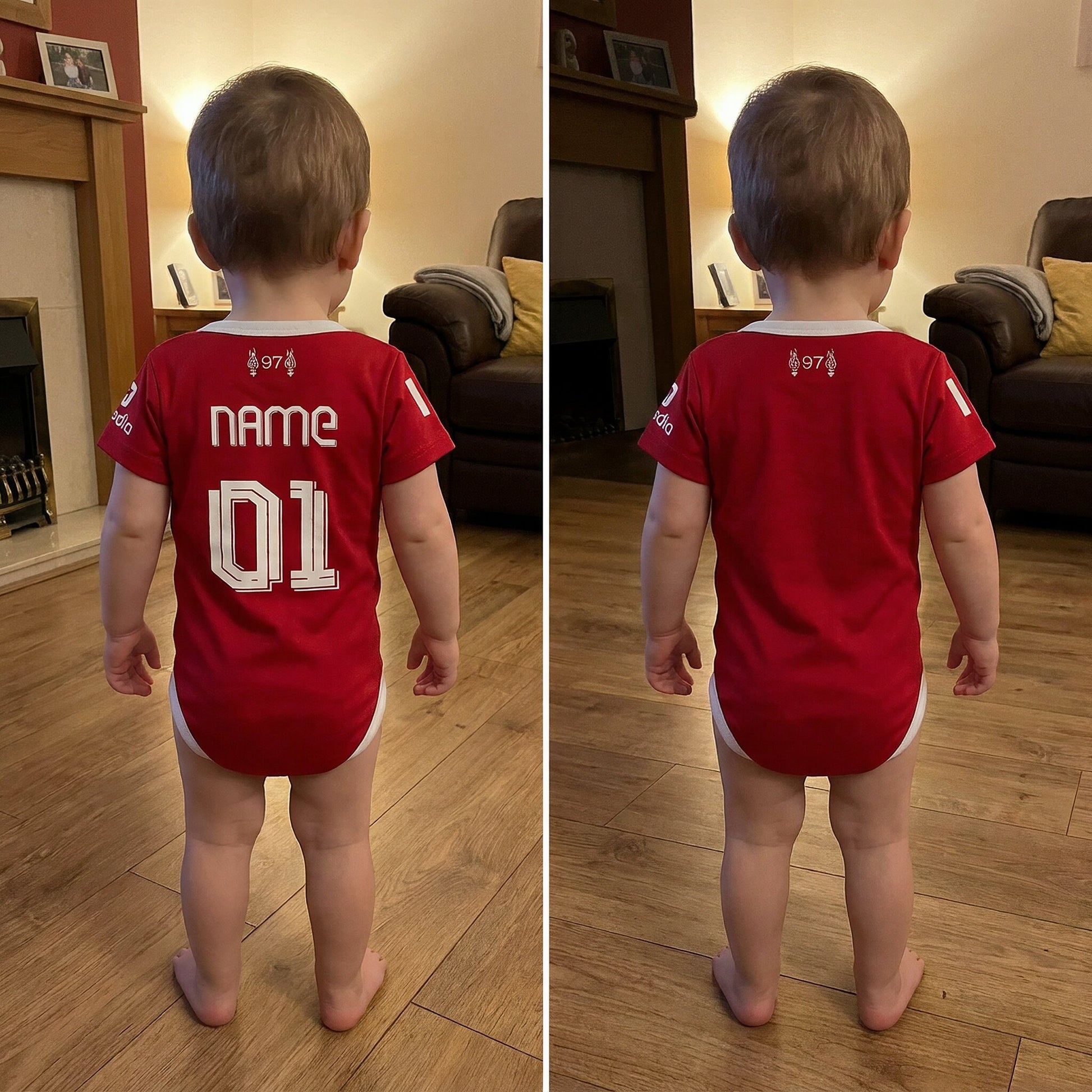 Toddler wearing personalised Liverpool FC 25/26 bodysuit with custom name and number on back