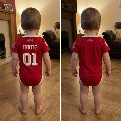 Toddler wearing personalised Liverpool FC 25/26 bodysuit with custom name and number on back