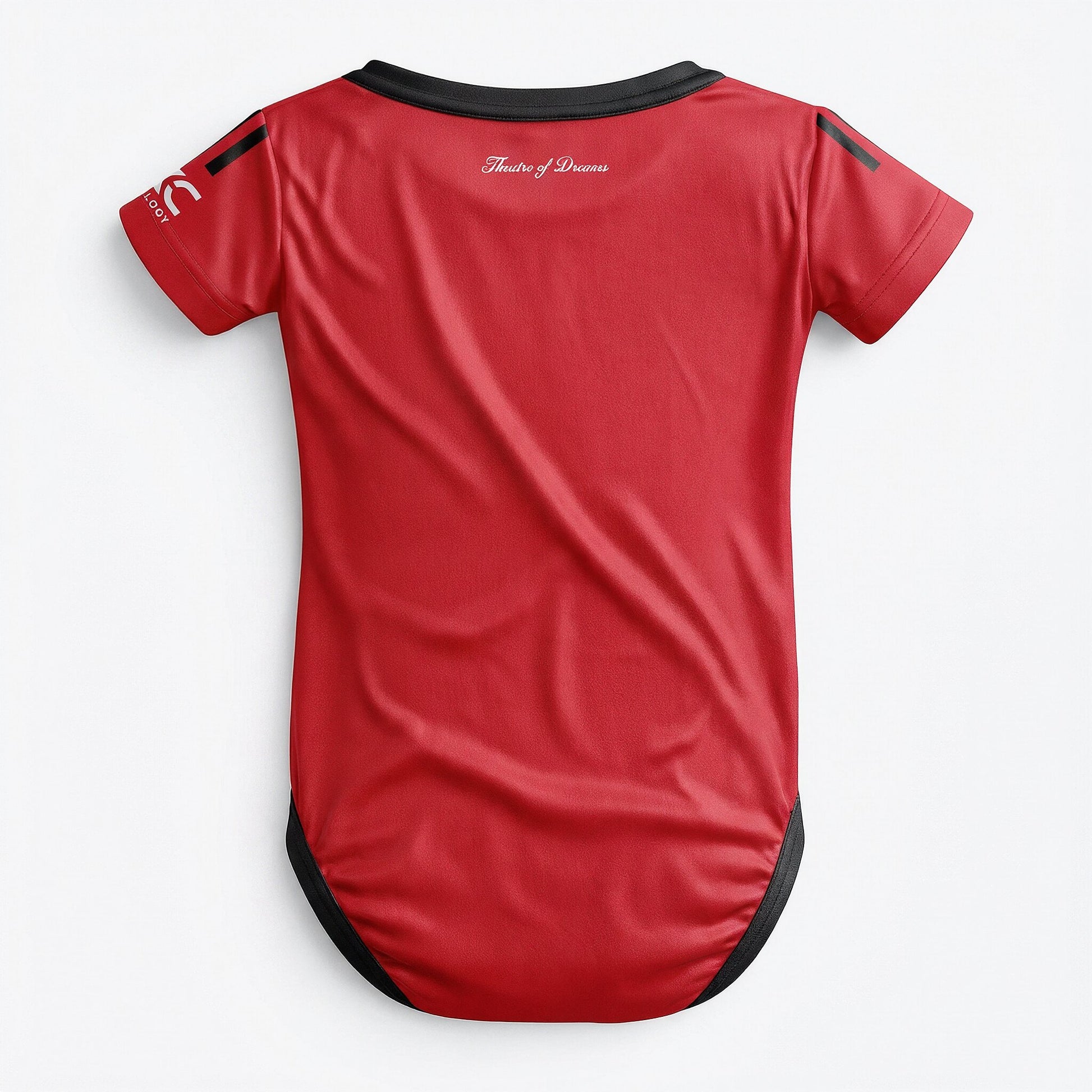 Manchester United 25/26 baby bodysuit back view with Theatre of Dreams script detail