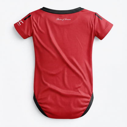 Manchester United 25/26 baby bodysuit back view with Theatre of Dreams script detail