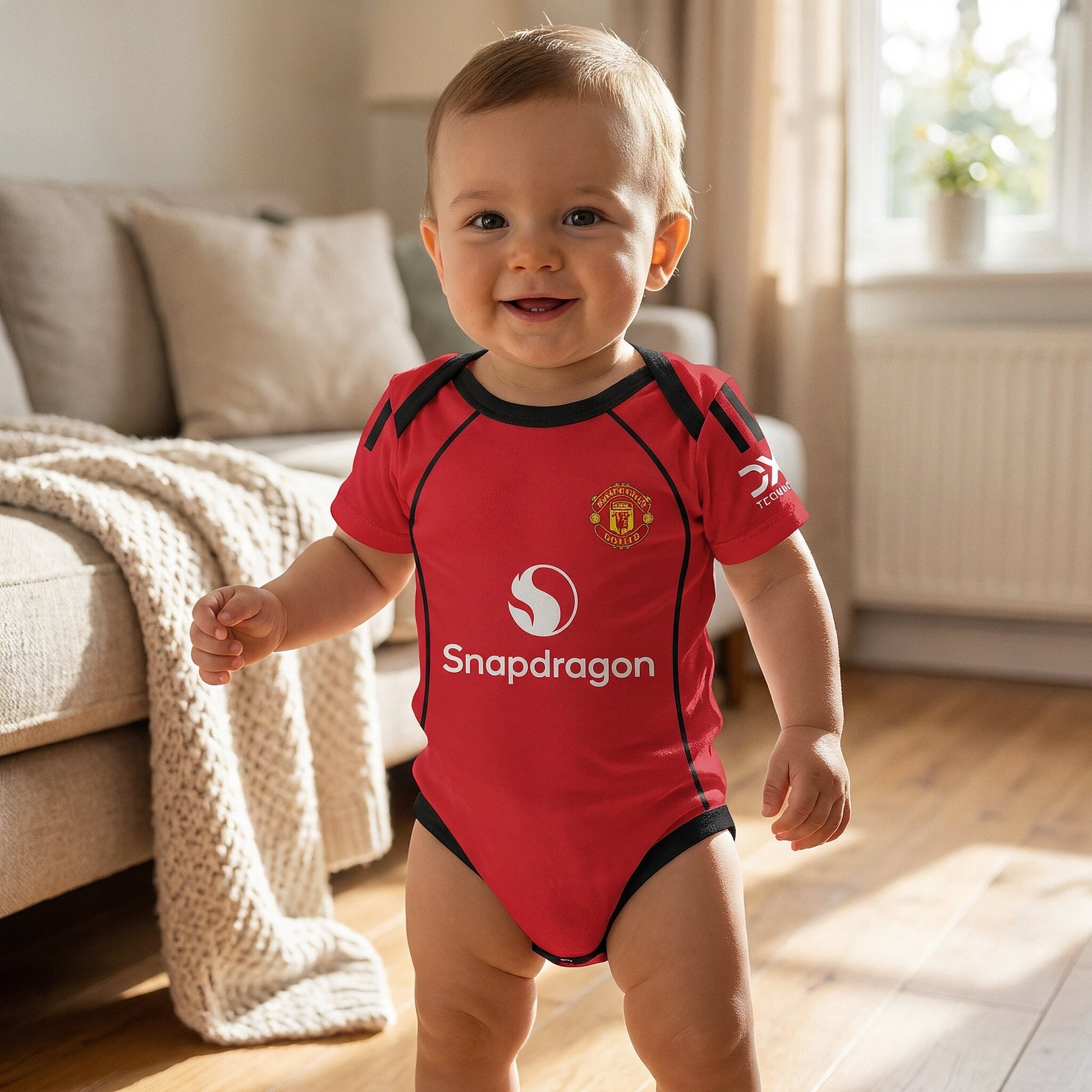 smiling baby wearing Manchester United 25/26 red bodysuit standing in living room