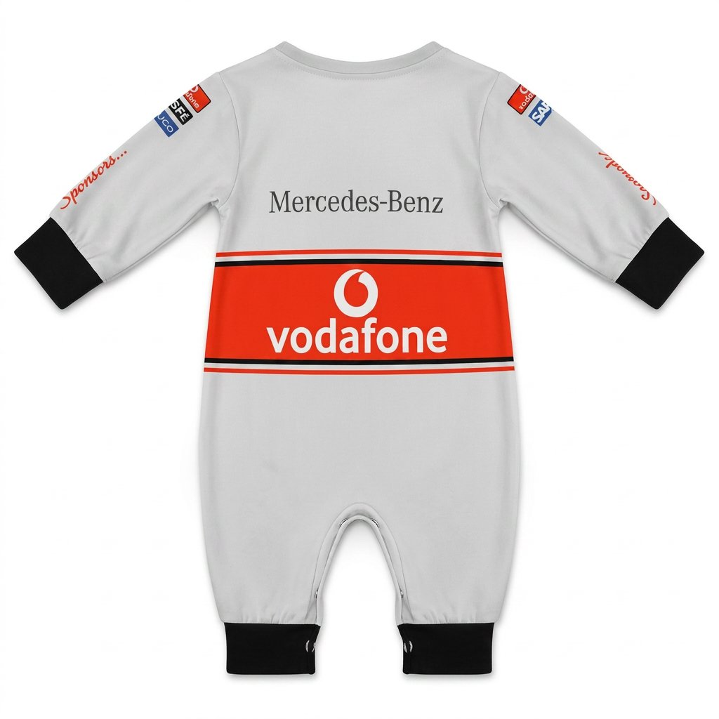 McLaren 2008 baby onesie back view white racing jumpsuit with Mercedes-Benz print and Vodafone band