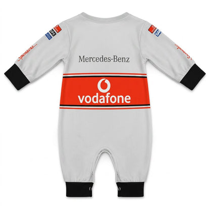 McLaren 2008 baby onesie back view white racing jumpsuit with Mercedes-Benz print and Vodafone band