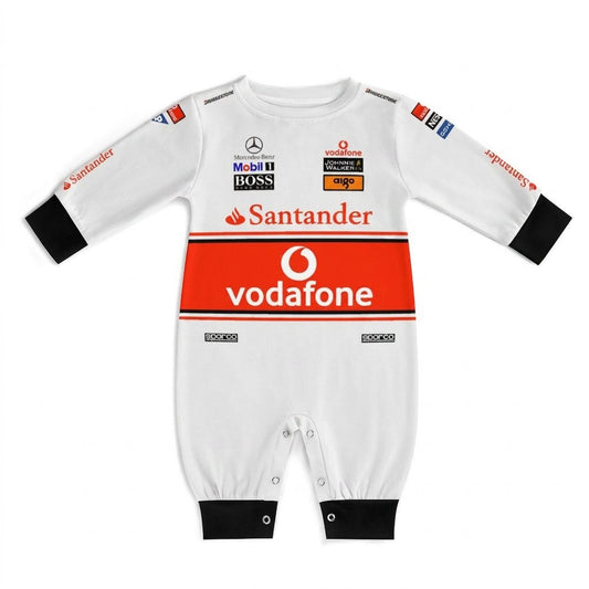 McLaren 2008 baby onesie front view white racing jumpsuit with orange Vodafone band and Santander logo
