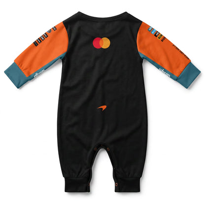 McLaren 2026 onesie jumpsuit back view flat lay in black with orange sleeves and Mastercard team logo